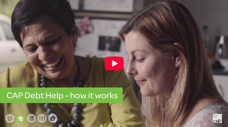 How CAP debt-help works video thumbnail. Debt coach smiling with client.